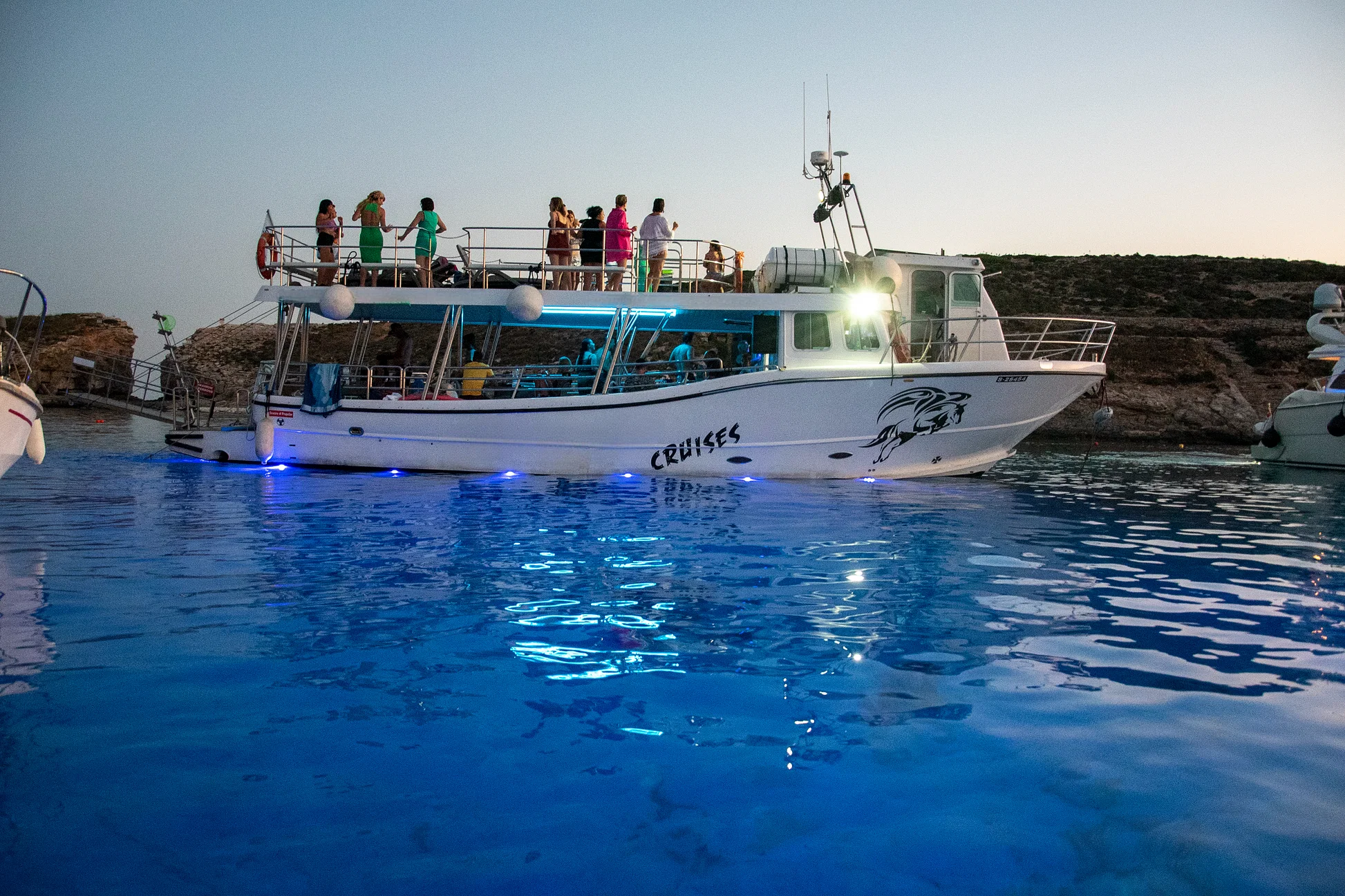 Night Cruise Blue & Crystal Lagoons from Mellieha