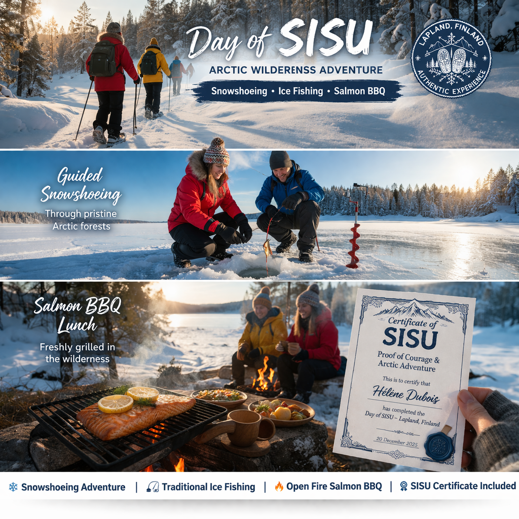 Day of SISU in Sodankylä – Wilderness BBQ lunch with Snowshoeing & Ice Fishing