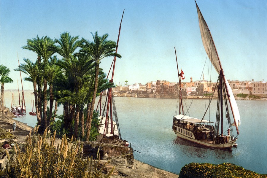 A Nile Felucca Ride In Cairo , Cairo Nile river , Cairo tower and the most famous skyline in Cairo .